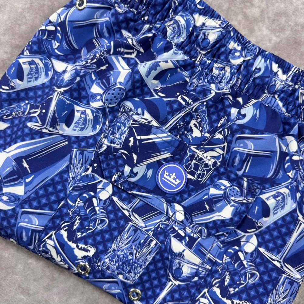 Peter Millar Seaside Mens XL Blue Cocktail Martini Print Swim Trunks Shorts